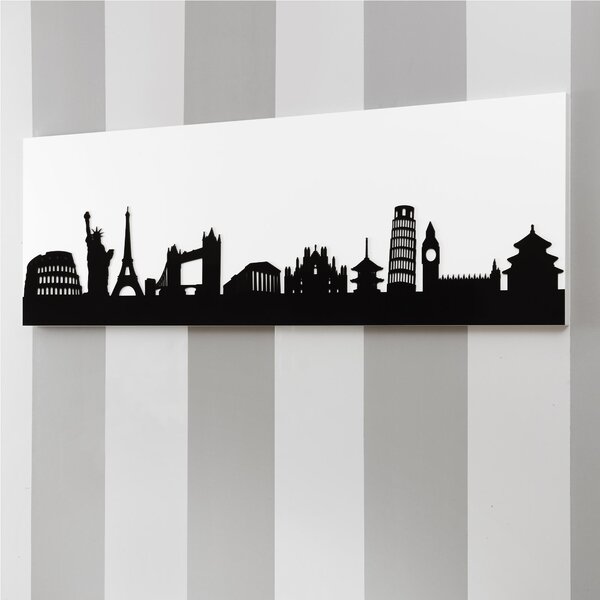 Pannello da parete, quadro da parete SKYLINE120xh40cm orizzontale pannello colore bianco intarsi in plexiglass NERI