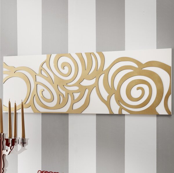 Pannello da parete, quadro da parete ROSES 120xh40cm orizzontale pannello colore bianco intarsi in legno foglia oro