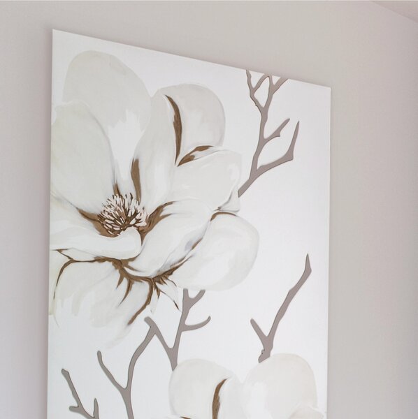Pannello da parete in legno con marcatura al laser Magnolia 60x130xh8 cm realizzato in legno laccato sabbia opaco con applicazioni color ghiaia