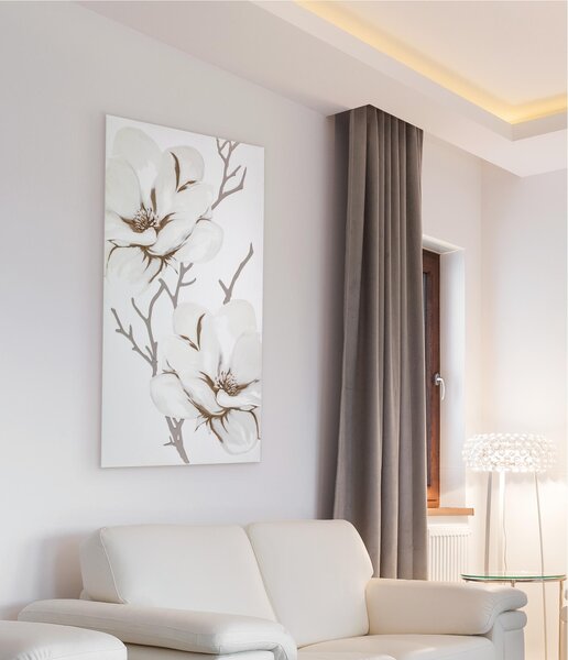 Pannello da parete in legno con marcatura al laser Magnolia 60x130xh8 cm realizzato in legno laccato sabbia opaco con applicazioni color ghiaia