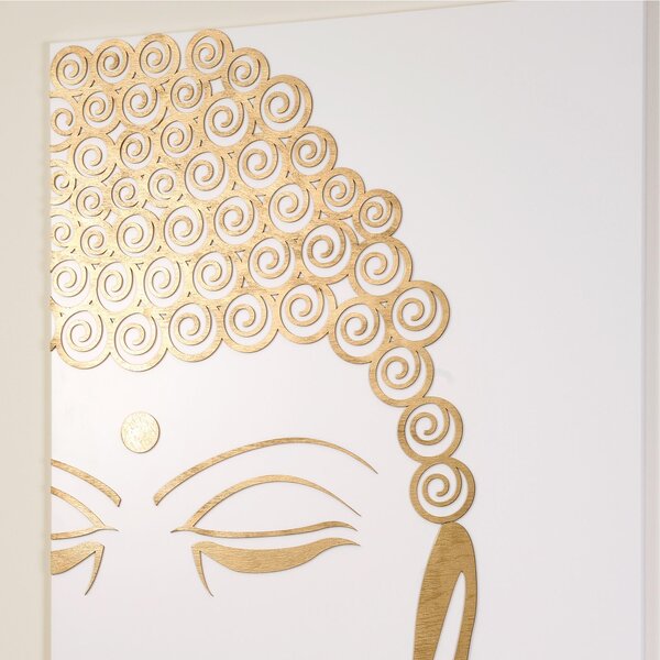 Pannello da parete, quadro da parete Buddha 75xh120cm pannello legno verticale colore bianco con intarsi colore oro
