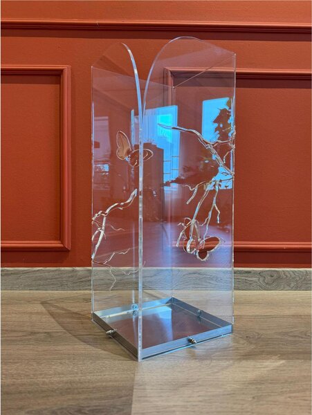Portaombrelli Moderno in plexiglass decorazione Laser OSAKA 19x19xh50 cm in vaschetta in metallo lucido colore Trasparente