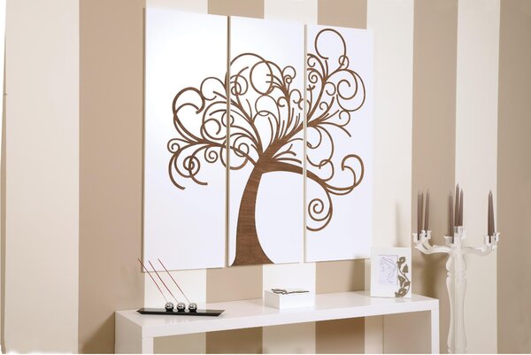 Pannelli da parete tris L'albero della vita 120xh120cm in legno colore bianco con intarsi in legno colore weng�