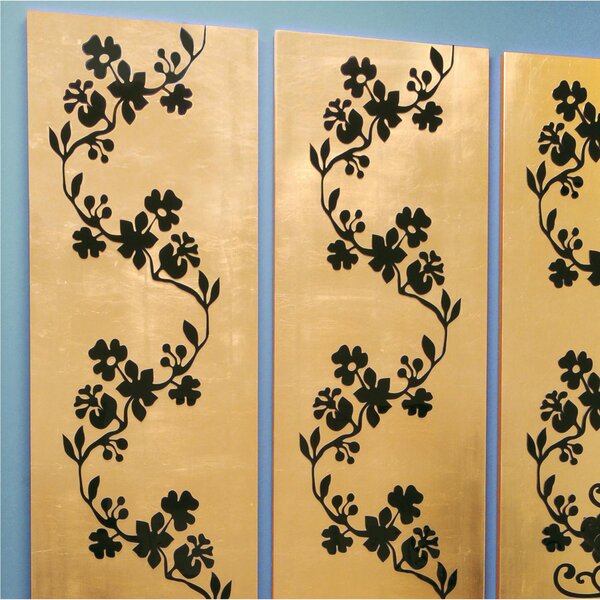 Pannelli da parete tris SAKURA 75xh120cm in legno colore oro intarsi in legno colore nero