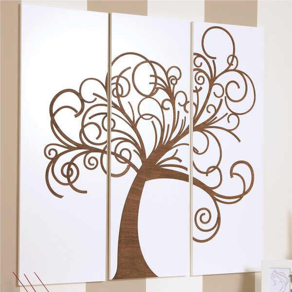 Pannelli da parete tris L'albero della vita 120xh120cm in legno colore bianco con intarsi in legno colore weng�