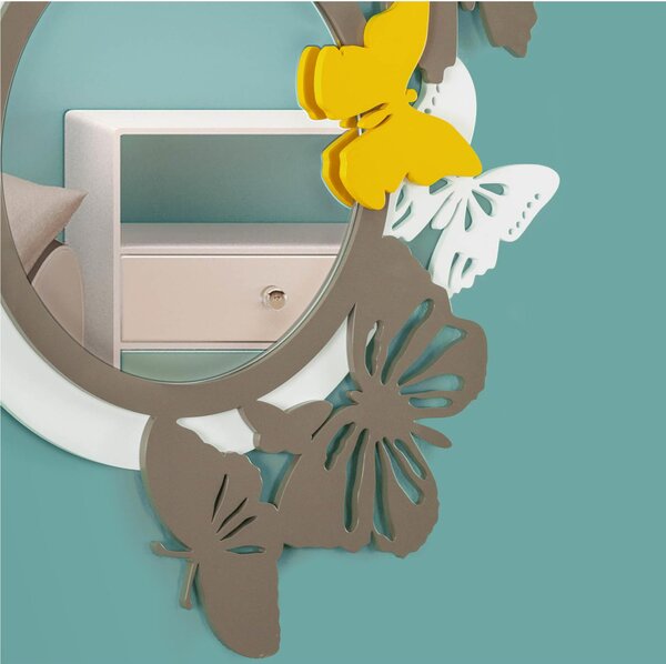 Specchiera da parete in legno rotonda tagliata al laser VOLO DI FARFALLE 78x57xh 6 cm cornice colori Bianco/Tortora/Ocra