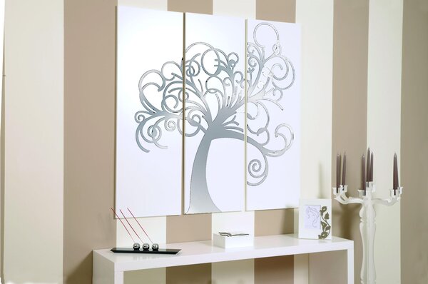Pannelli da parete tris L'albero della vita 120xh120cm in legno colore bianco con intarsi in plexiglass a Specchio