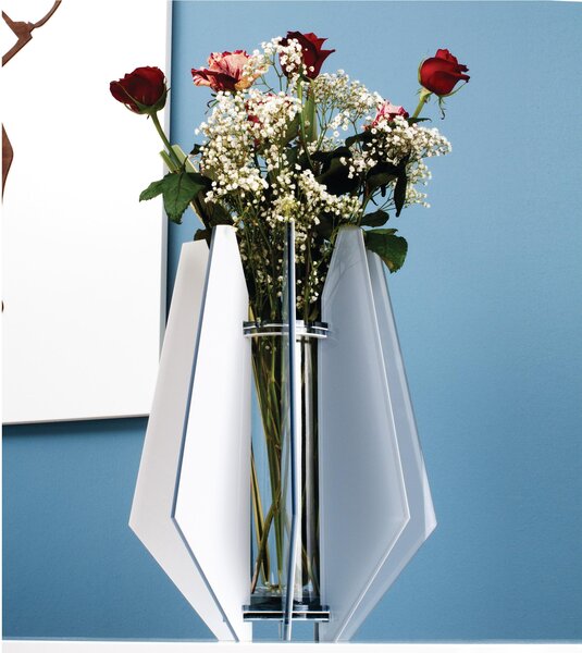 Vaso d'arredo, portafiori in crystalplex DIAMANTE 32xh45cm- con vaso interno in vetro colore bianco