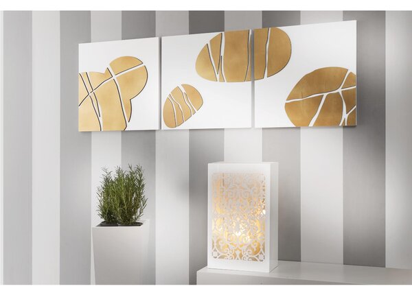 Tris Pannelli da parete in legno fondo bianco con foglia oro 150x50xh1,5 cm legno laccato bianco