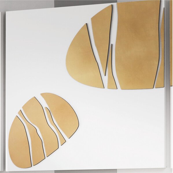 Tris Pannelli da parete in legno fondo bianco con foglia oro 150x50xh1,5 cm legno laccato bianco