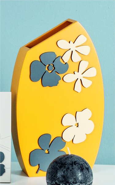 Vaso d'arredo, portafiori in legno PAPAGAIA 27x46xh10 cm- con applicazioni in legno tagliate al laser giallo