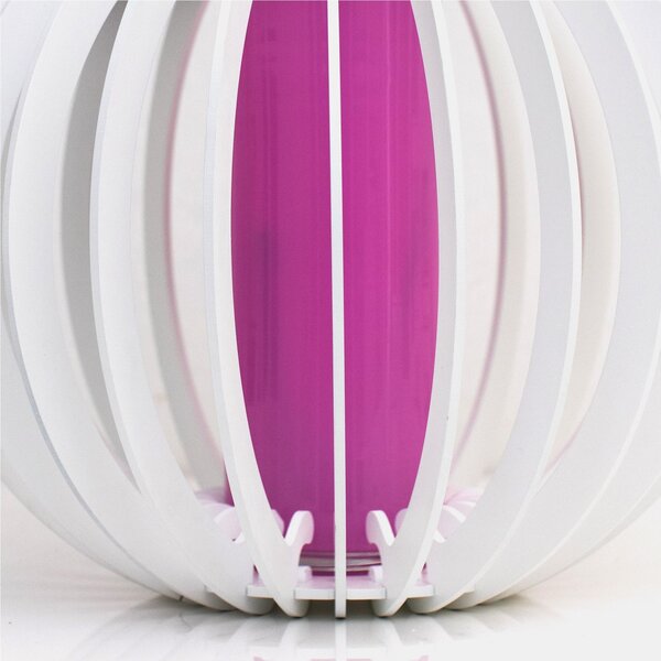 Vaso d'arredo, portafiori in Legno SFERA 33x36 cm- tagliato al laser con vasetto in vetro interno fucsia vaso bianco