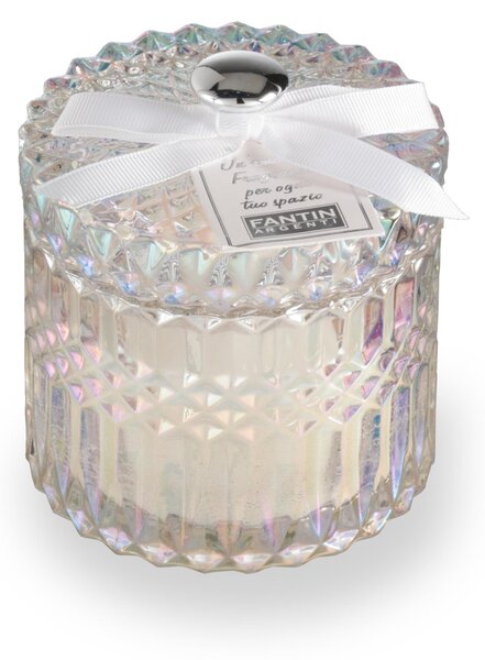 Cera profumata con all'esterno Scatola in vetro rotonda diametro 9xh10,5 cm - 110 g colore cera Bianco in scatola serigrafata bomboniera