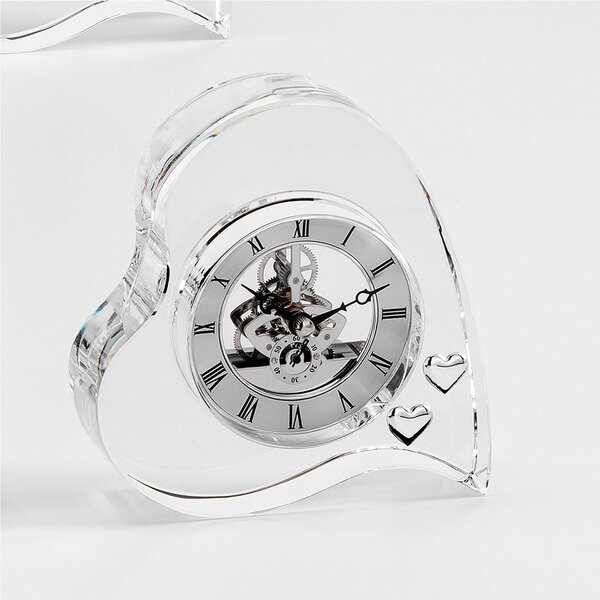 Orologio in Cristallo Cuore con cuoricini Argento, orologio da tavolo 14xh15 cm in cristallo K9 trasparente