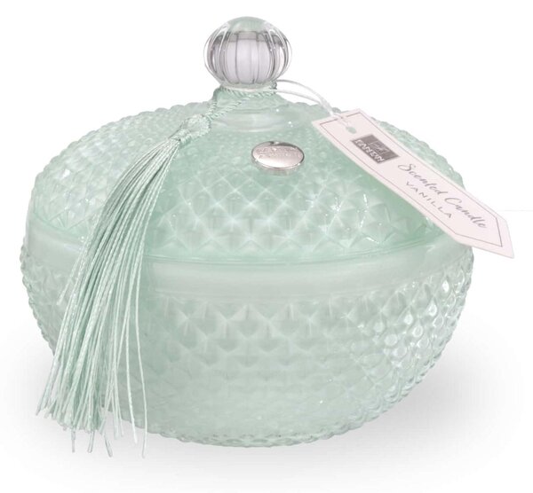 Cera profumata con all'esterno Scatola in vetro rotonda Modello BIG diametro 10x h 10cm - colore Verde Acqua