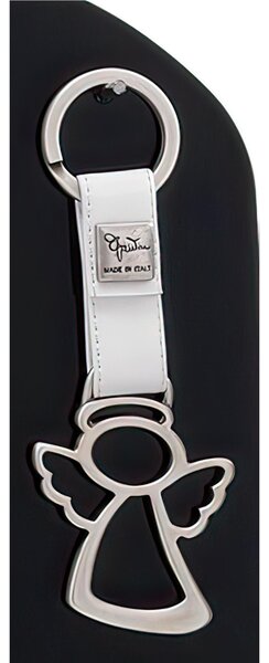 Portachiavi in Argento ANGELO con cinturini in Pelle Bianco 7x11cm in scatola regalo , bomboniera