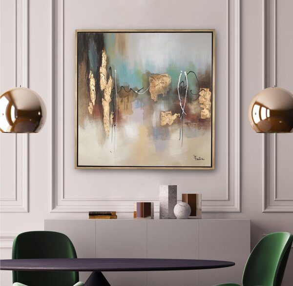 Pannello da parete, quadro con cornice ASTRATTO GOLD 100x100x1,6 cm orizzontale pannello in legno colore marrone disegnato su tela a rilievo