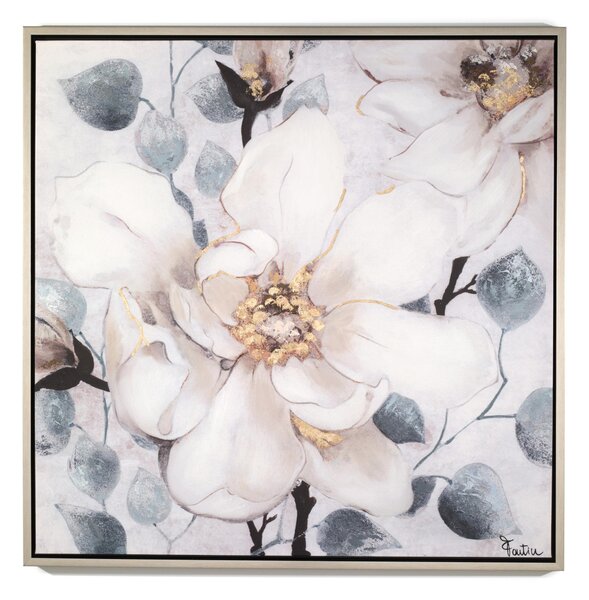 Pannello da parete, quadro con cornice Fiore Bianco 100x100x1,6 cm orizzontale pannello in legno colore marrone disegnato su tela a rilievo