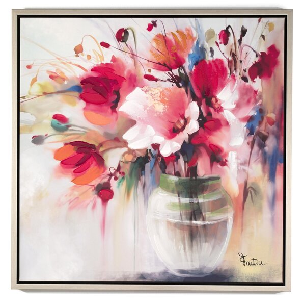 Pannello da parete, quadro con cornice Vaso Con Fiori 80x80x1,6 cm orizzontale pannello in legno colore marrone disegnato su tela a rilievo