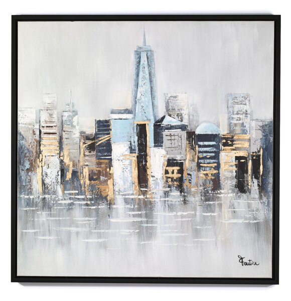 Pannello da parete, quadro con cornice New York 100x100x1,6 cm orizzontale pannello in legno colore marrone disegnato su tela a rilievo