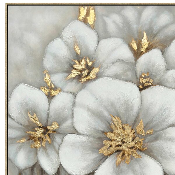 Quadro con cornice da parete, FIORI BIANCO GRIGIO E ORO 100x100x1,6 cm pannello in legno colore con colori acrilici e tempera