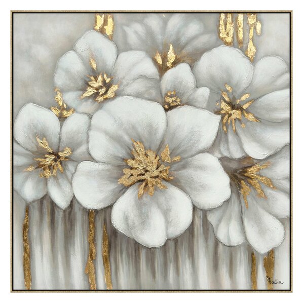 Quadro con cornice da parete, FIORI BIANCO GRIGIO E ORO 100x100x1,6 cm pannello in legno colore con colori acrilici e tempera