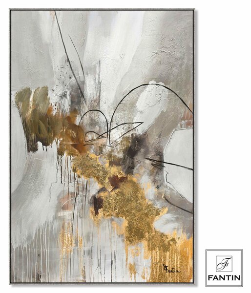 Quadro con cornice da parete, Quadro con cornice astratto GREY GOLD 80x120x1,6 cm pannello in legno colore con colori acrilici e tempera