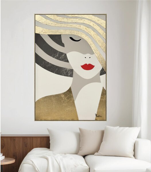 Quadro con cornice da parete Quadro con cornice volto MADAME GOLD 80x120x1,6 cm pannello in legno colore con colori acrilici e tempera