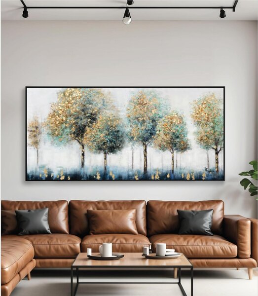 Quadro con cornice da parete Quadro con cornice FORESTA DORATA 150x70x1,6 cm pannello in legno colore con colori acrilici e tempera
