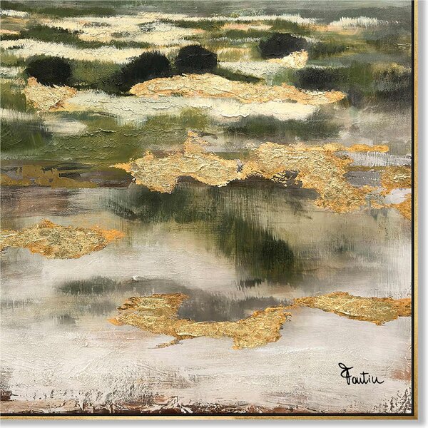 Quadro con cornice da parete Quadro con cornice volto ORIZZONTE GREEN GOLD 100x100x1,6 cm pannello in legno colore con colori acrilici e tempera