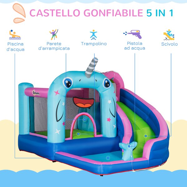 Outsunny Gioco Gonfiabile per Bambini 3-8 Anni a Tema Narvalo con Borsa, 11 Paletti e Toppe Inclusi, 330x280x200 cm | Aosom Italy