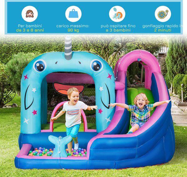 Outsunny Gioco Gonfiabile per Bambini 3-8 Anni a Tema Narvalo con Borsa, 11 Paletti e Toppe Inclusi, 330x280x200 cm | Aosom Italy