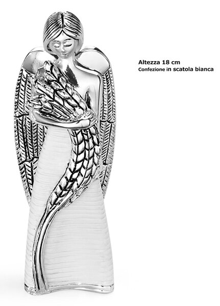 Angelo in resina argentata con decoro Spiga della vita h 18 cm in scatola regalo, ideale per uso bomboniera