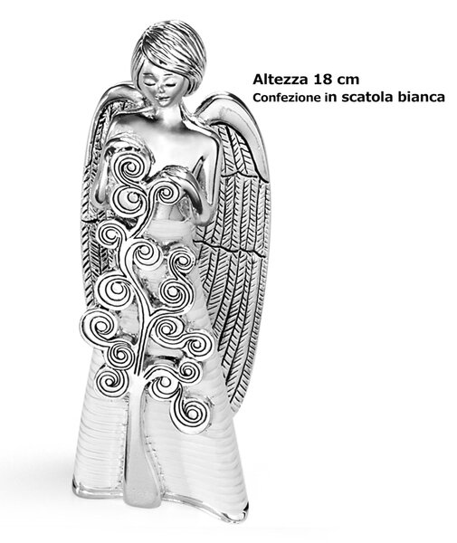 Angelo in resina argentata con decoro albero della vita h 18 cm in scatola regalo, ideale per uso bomboniera