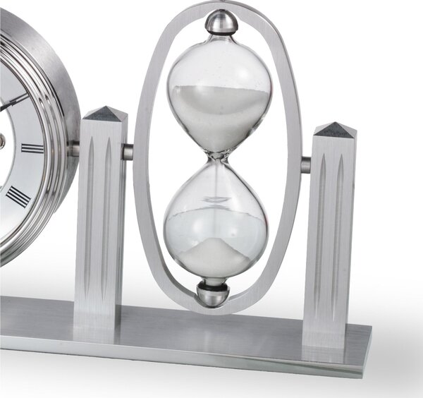 Orologio da tavolo in metallo con movimenti a vista e clessidra 23x5ch12 cm in metallo satinato in scatola regalo