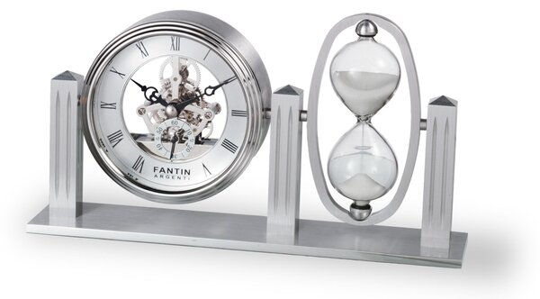Orologio da tavolo in metallo con movimenti a vista e clessidra 23x5ch12 cm in metallo satinato in scatola regalo
