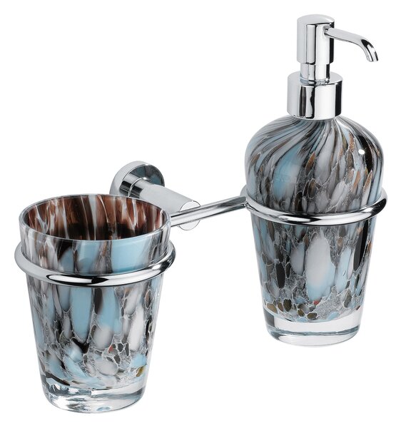 Porta bicchiere dosatore con supporto fissaggio a muro con contenitore in vetro di murano DECO 29x11,5xh20 cm supporti in ottone cromato inox lucido