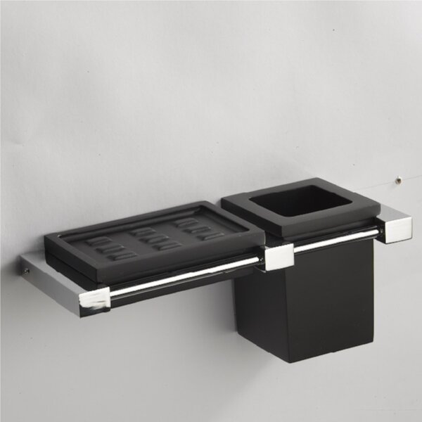 Porta sapone pi� porta bicchiere sospeso in ottone cromato 23x8xh9 cm OSCAR - peso 1,09 kg con contenitore in vetro colore nero