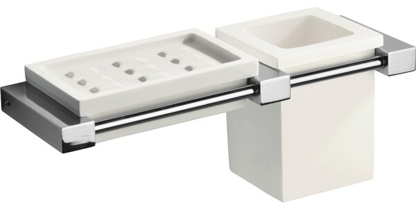 Porta sapone pi� porta bicchiere sospeso in ottone cromato 23x8xh9 cm OSCAR - peso 1,09 kg con contenitore in vetro colore Bianco