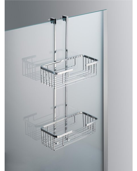 Mensola doccia un due piani - Fissaggio a Vetro Box Doccia 26x12xh65 cm ottone cromato spessore Max. Vetro 1,5 cm