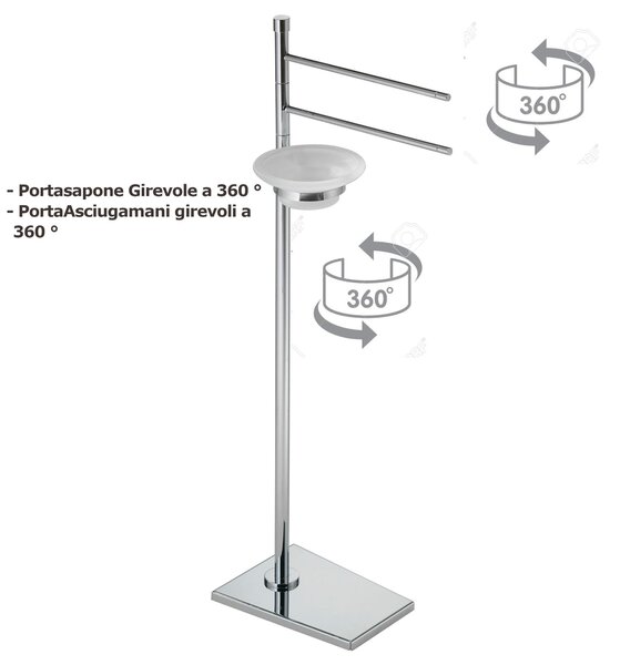Piantana da bagno in ottone porta salviette + portasapone 3 Bracci girevoli 14x24xh70 cm base trapezioidale , TIFFANY cromo lucido