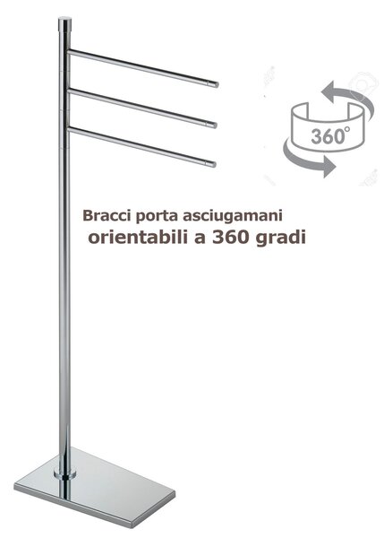 Piantana da bagno in ottone porta salviette 3 Bracci girevoli a 360 gradi 16x30xh85 cm base trapezoidale , TIFFANY cromo lucido