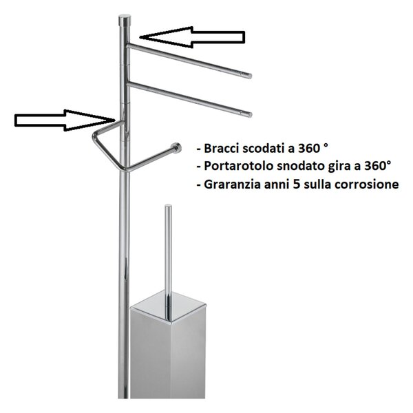 Piantana da bagno in ottone porta rotolo e scopino quadrato Braccio fisso 14x24xh70 cm base trapezioidale , TIFFANY cromo lucido