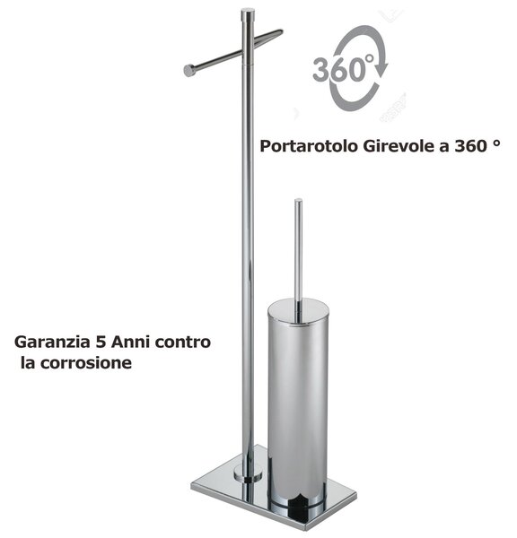 Piantana da bagno in ottone porta rotolo e scopino rotondo Braccio fisso 14x19xh70 cm base trapezioidale , TIFFANY cromo lucido