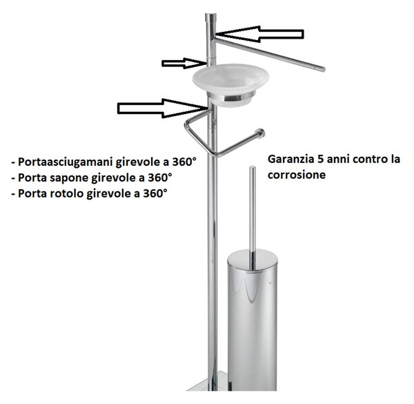Piantana da bagno in ottone porta salviette, porta rotolo, porta vaschetta, scopino 14x24xh70 cm base trapezoidale , TIFFANY cromo lucido