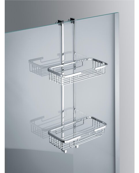 Mensola doccia un due piani - Fissaggio a Vetro Box Doccia 26x12xh65 cm ottone cromato spessore Max. Vetro 1,5 cm