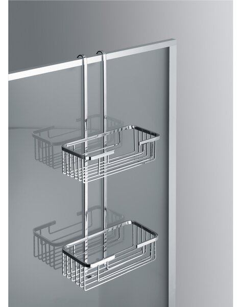 Mensola doccia un due piani - Fissaggio a Vetro Box Doccia 26x12xh69 cm ottone cromato spessore Max. Vetro 1,5 cm