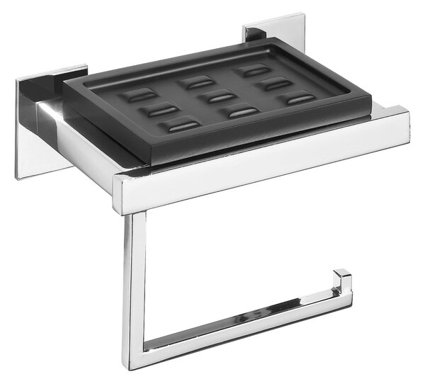 Portasapone da bidet e porta rotolo DIVA 43x11xh9,3 cm -Peso 1,2 kg supporti in ottone cromato colore inox lucido e resina nero