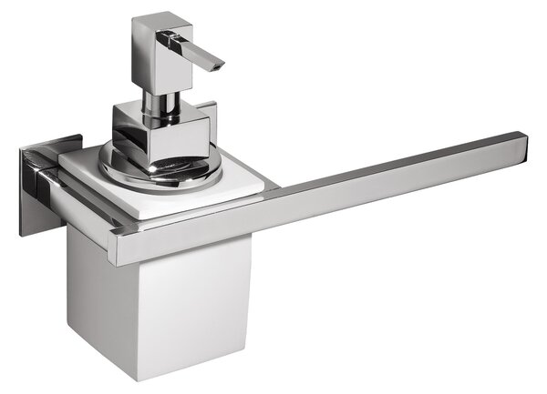 Porta dosatore con dosatone e porta salvietta DIVA 16,5x6,8xh16 cm -Peso 1,2 kg supporti in ottone cromato colore inox lucido e resina bianca