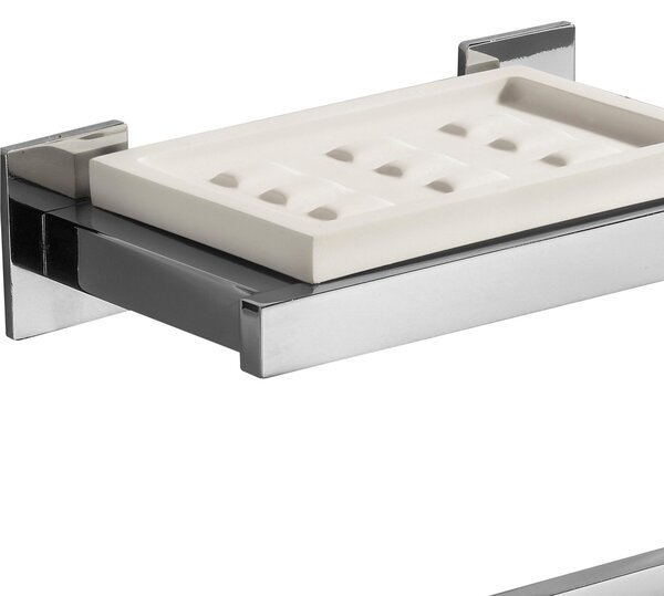 Portasapone da bidet e porta rotolo DIVA 43x11xh9,3 cm -Peso 1,2 kg supporti in ottone cromato colore inox lucido e resina bianca